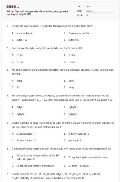 Bài tập Dẫn xuất halogen của hidrocacbon, ancol, phenol cực hay có lời giải (P2)