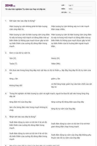 16 câu trắc nghiệm Tự cảm cực hay có đáp án