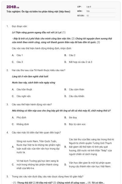 Trắc nghiệm: Ôn tập và kiểm tra phần tiếng việt (tiếp theo)