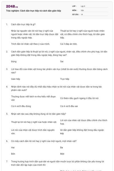 Trắc nghiệm: Cách dẫn trực tiếp và cách dẫn gián tiếp