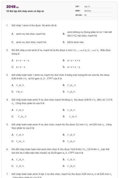 55 Bài tập đốt cháy amin có đáp án