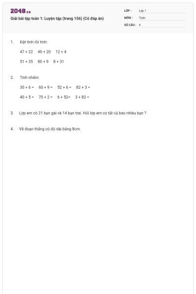 Giải bài tập toán 1: Luyện tập (trang 156) (Có đáp án)