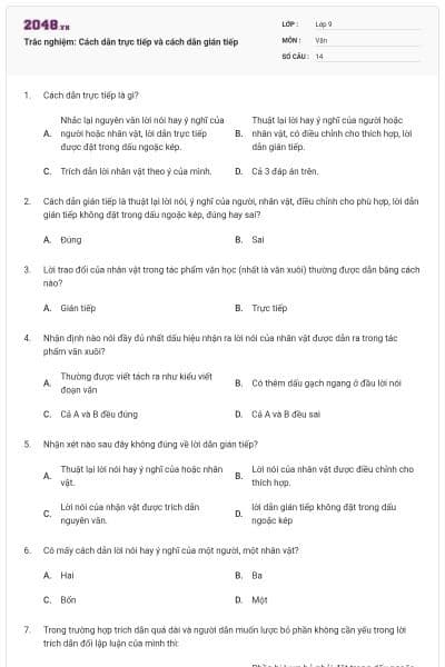 Trắc nghiệm: Cách dẫn trực tiếp và cách dẫn gián tiếp