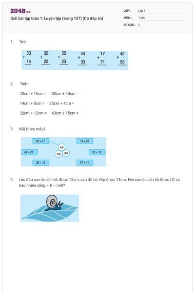 Giải bài tập toán 1: Luyện tập (trang 157) (Có đáp án)