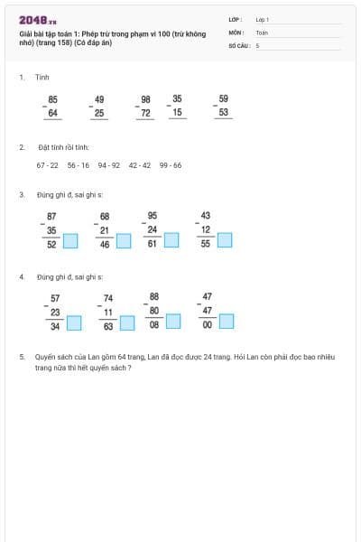 Giải bài tập toán 1: Phép trừ trong phạm vi 100 (trừ không nhớ) (trang 158) (Có đáp án)