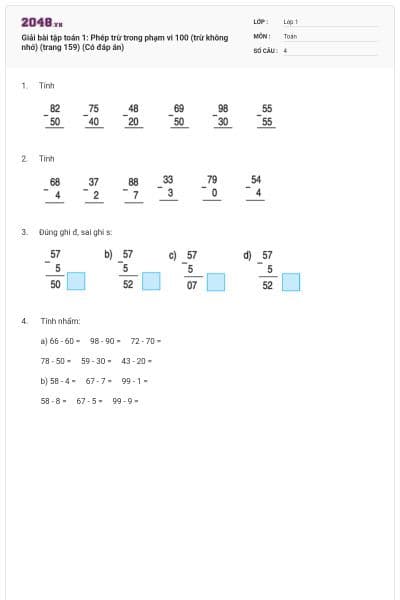 Giải bài tập toán 1: Phép trừ trong phạm vi 100 (trừ không nhớ) (trang 159) (Có đáp án)