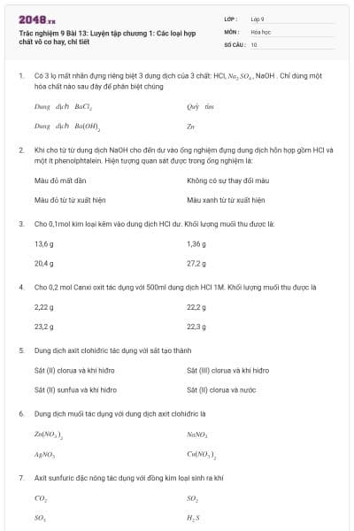 Trắc nghiệm 9 Bài 13: Luyện tập chương 1: Các loại hợp chất vô cơ hay, chi tiết