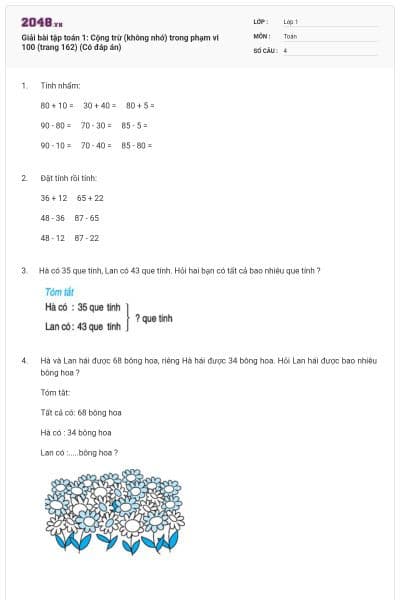 Giải bài tập toán 1: Cộng trừ (không nhớ) trong phạm vi 100 (trang 162) (Có đáp án)