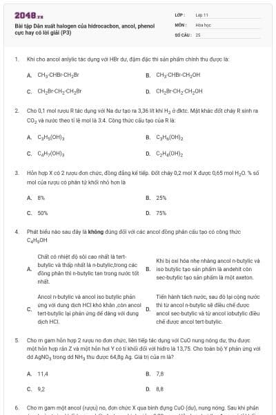 Bài tập Dẫn xuất halogen của hidrocacbon, ancol, phenol cực hay có lời giải (P3)