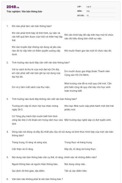 Trắc nghiệm: Văn bản thông báo