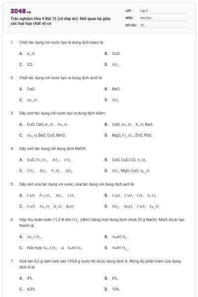 Trắc nghiệm Hóa 9 Bài 12 (có đáp án): Mối quan hệ giữa các loại hợp chất vô cơ