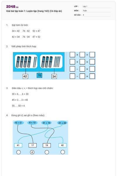 Giải bài tập toán 1: Luyện tập (trang 163) (Có đáp án)