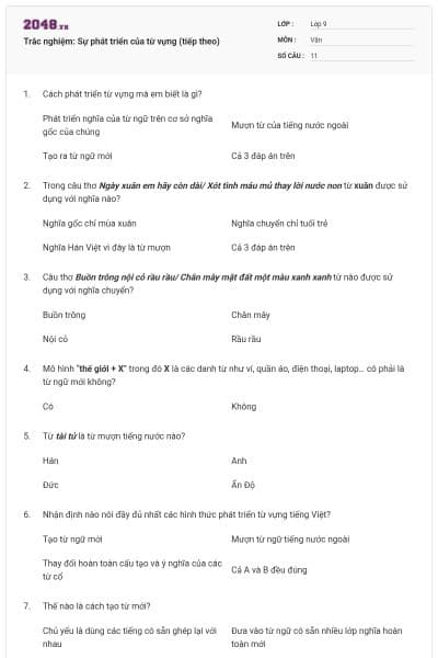 Trắc nghiệm: Sự phát triển của từ vựng (tiếp theo)