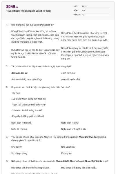 Trắc nghiệm: Tổng kết phần văn (tiếp theo)