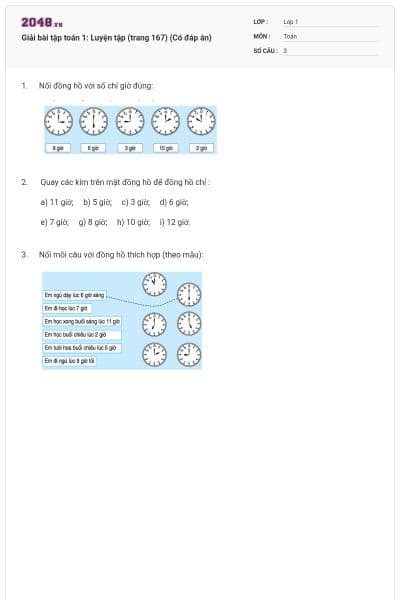 Giải bài tập toán 1: Luyện tập (trang 167) (Có đáp án)