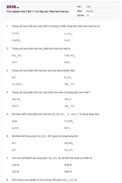 Trắc nghiệm Hóa 9 Bài 11 (có đáp án): Phân bón hóa học