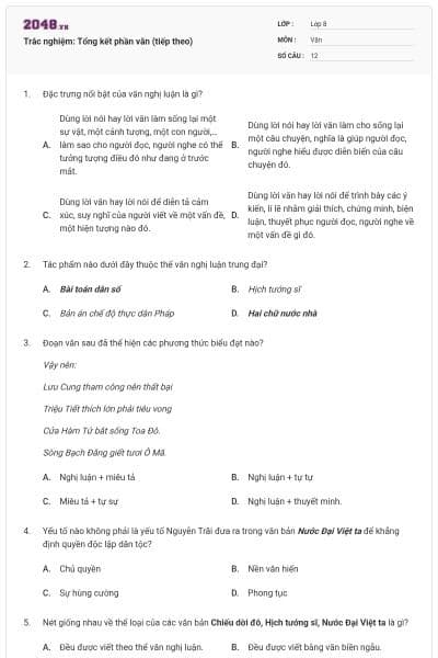 Trắc nghiệm: Tổng kết phần văn (tiếp theo)