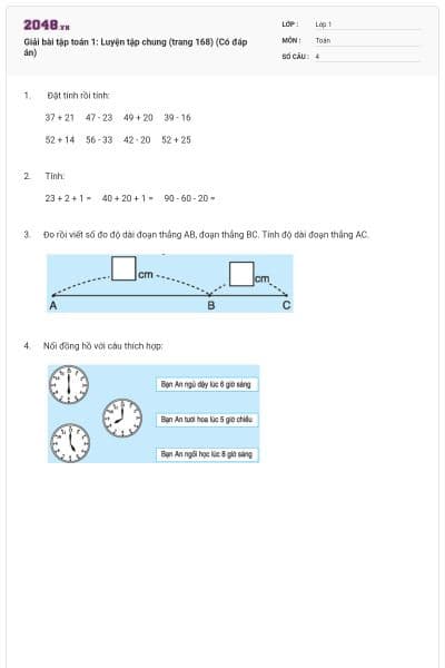 Giải bài tập toán 1: Luyện tập chung (trang 168) (Có đáp án)