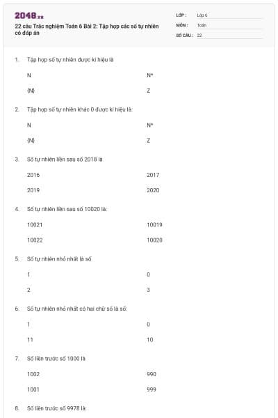 22 câu Trắc nghiệm Toán 6 Bài 2: Tập hợp các số tự nhiên có đáp án