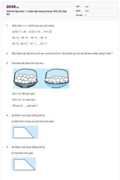 Giải bài tập toán 1: Luyện tập chung (trang 169) (Có đáp án)