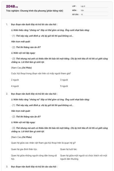 Trắc nghiệm: Chương trình địa phương (phần tiếng việt)