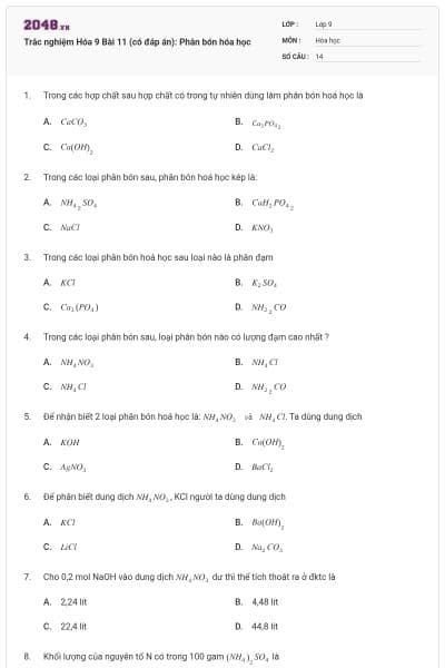 Trắc nghiệm Hóa 9 Bài 11 (có đáp án): Phân bón hóa học