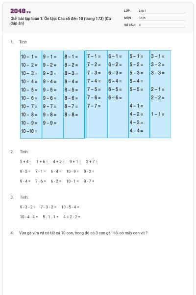 Giải bài tập toán 1: Ôn tập: Các số đến 10 (trang 173) (Có đáp án)