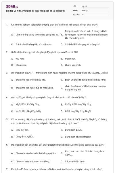 Bài tập về Nitơ, Photpho cơ bản, nâng cao có lời giải (P4)