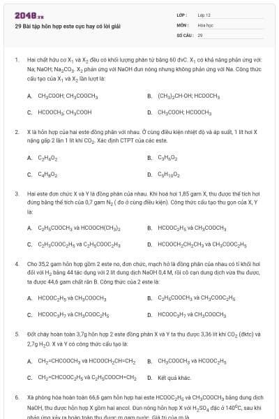29 Bài tập hỗn hợp este cực hay có lời giải