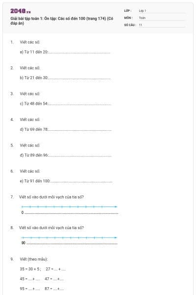 Giải bài tập toán 1: Ôn tập: Các số đến 100 (trang 174) (Có đáp án)