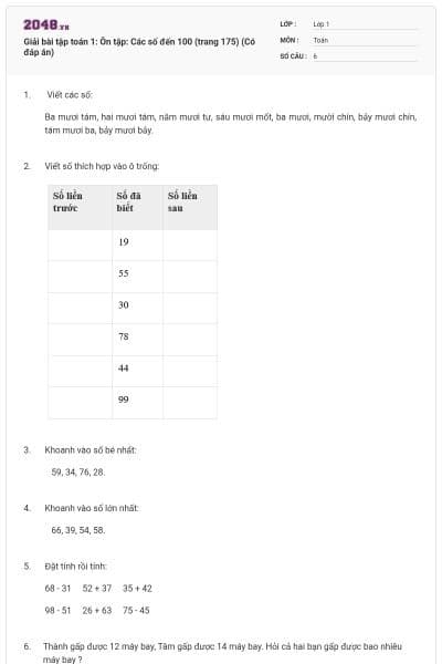 Giải bài tập toán 1: Ôn tập: Các số đến 100 (trang 175) (Có đáp án)