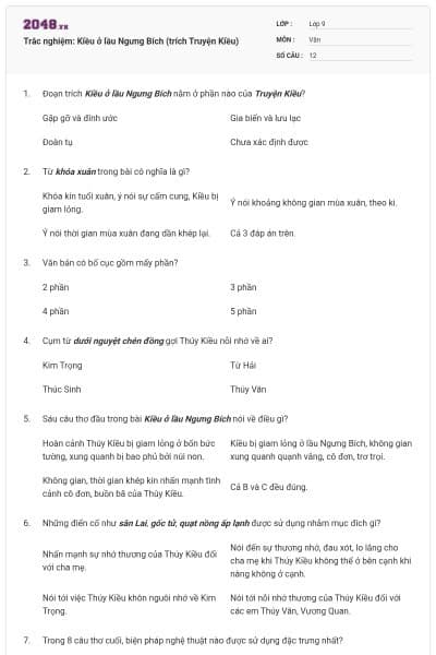 Trắc nghiệm: Kiều ở lầu Ngưng Bích (trích Truyện Kiều)