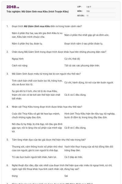 Trắc nghiệm: Mã Giám Sinh mua Kiều (trích Truyện Kiều)