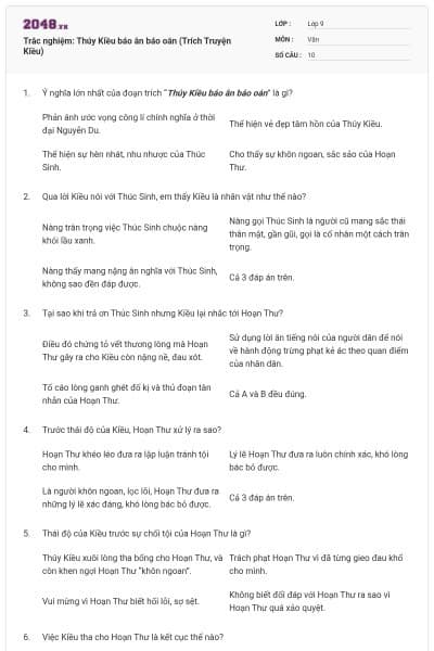 Trắc nghiệm: Thúy Kiều báo ân báo oán (Trích Truyện Kiều)