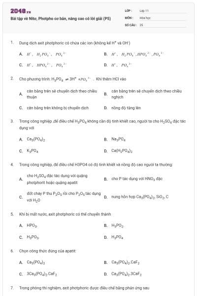 Bài tập về Nitơ, Photpho cơ bản, nâng cao có lời giải (P5)