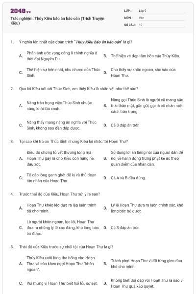 Trắc nghiệm: Thúy Kiều báo ân báo oán (Trích Truyện Kiều)