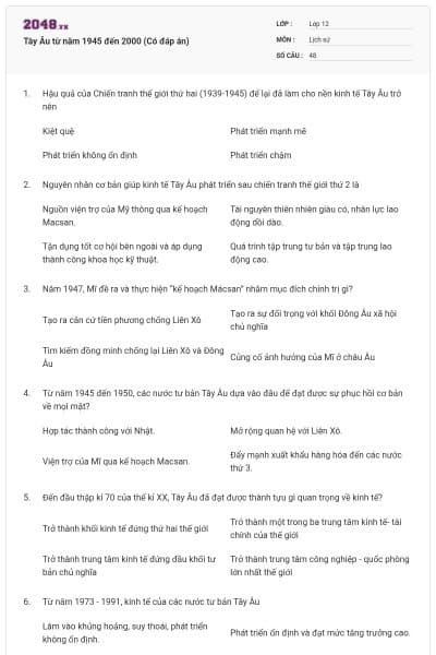 Tây Âu từ năm 1945 đến 2000 (Có đáp án)