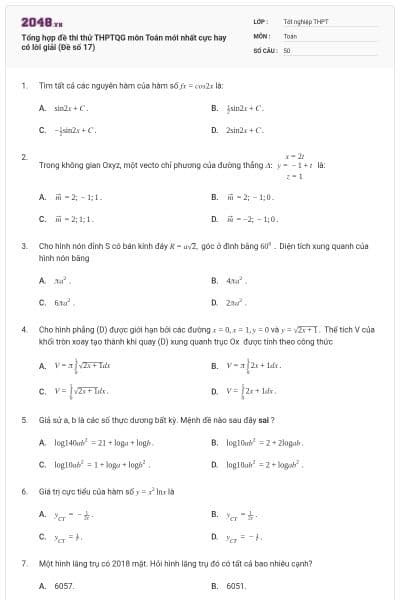 Tổng hợp đề thi thử THPTQG môn Toán mới nhất cực hay có lời giải (Đề số 17)