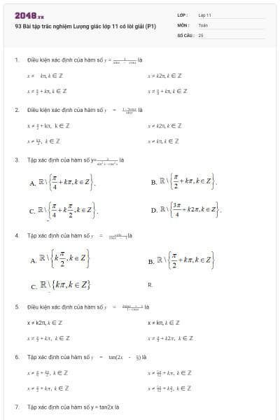93 Bài tập trắc nghiệm Lượng giác lớp 11 có lời giải (P1)