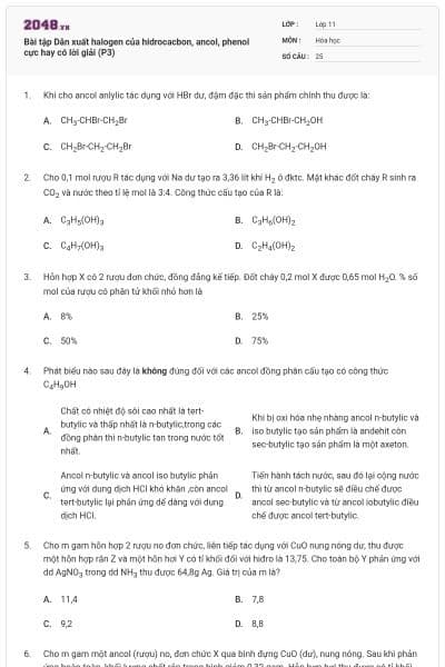 Bài tập Dẫn xuất halogen của hidrocacbon, ancol, phenol cực hay có lời giải (P3)