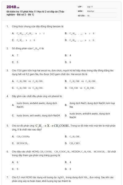 Đề kiểm tra 15 phút Hóa 11 Học kì 2 có đáp án (Trắc nghiệm - Bài số 2 - Đề 1)