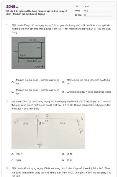 30 câu trắc nghiệm Cân bằng của một vật có trục quay cố định - Momen lực cực hay có đáp án