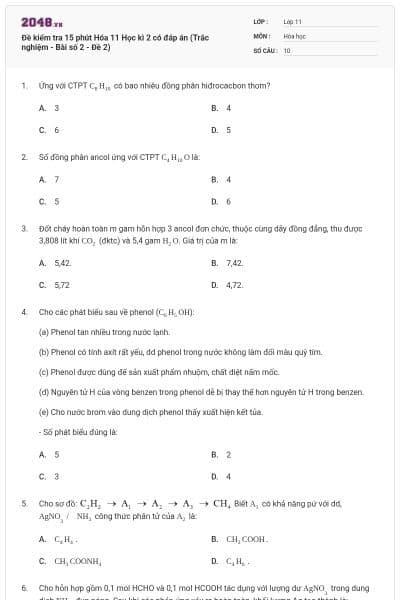 Đề kiểm tra 15 phút Hóa 11 Học kì 2 có đáp án (Trắc nghiệm - Bài số 2 - Đề 2)
