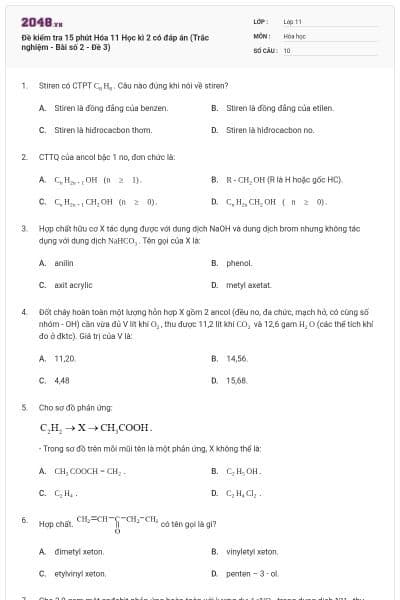 Đề kiểm tra 15 phút Hóa 11 Học kì 2 có đáp án (Trắc nghiệm - Bài số 2 - Đề 3)