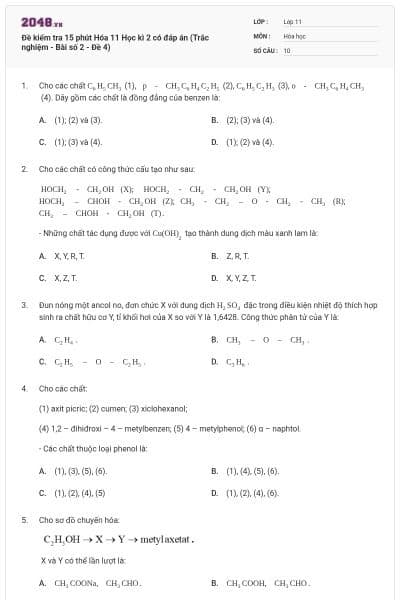 Đề kiểm tra 15 phút Hóa 11 Học kì 2 có đáp án (Trắc nghiệm - Bài số 2 - Đề 4)