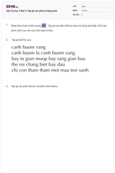 Giải Tin học 3 Bài 3: Tập gõ các phím ở hàng dưới
