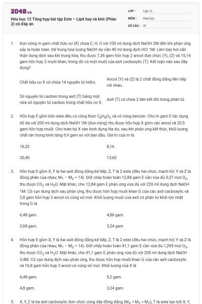 Hóa học 12 Tổng hợp bài tập Este – Lipit hay và khó (Phần 2) có đáp án