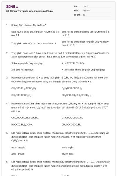 30 Bài tập Thủy phân este đa chức có lời giải