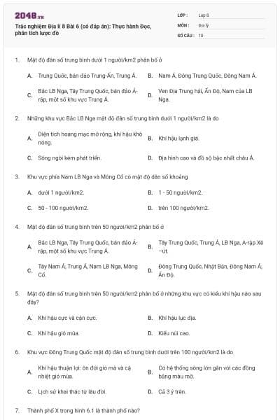 Trắc nghiệm Địa lí 8 Bài 6 (có đáp án): Thực hành Đọc, phân tích lược đồ