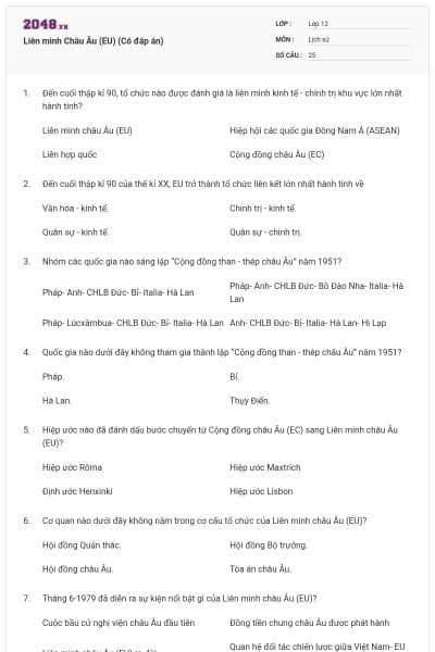 Liên minh Châu Âu (EU) (Có đáp án)